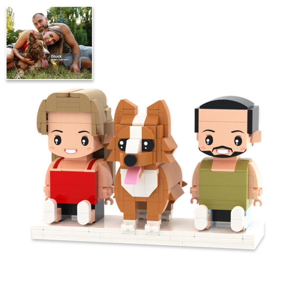 Figuras De Ladrillos Personalizadas De Cuerpo Completo De 2 Personas Con Gato. Figuras De Ladrillos Sentadas Personalizadas. - 