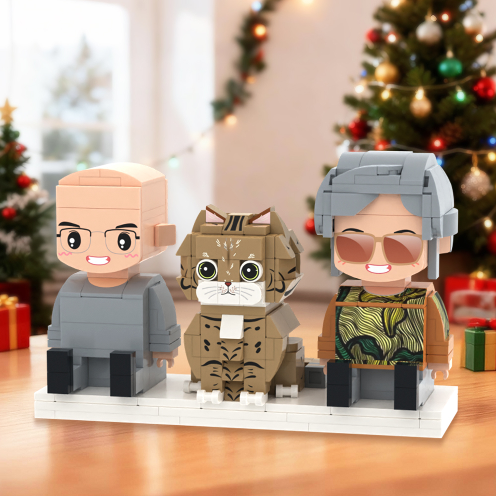 Figuras De Ladrillos Personalizadas De Cuerpo Completo De 2 Personas Con Gato. Figuras De Ladrillos Sentadas Personalizadas. - 