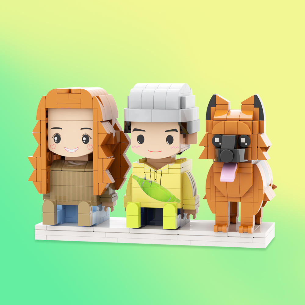 Figuras De Ladrillos Personalizadas De Cuerpo Completo De 2 Personas Con Gato. Figuras De Ladrillos Sentadas Personalizadas. - 