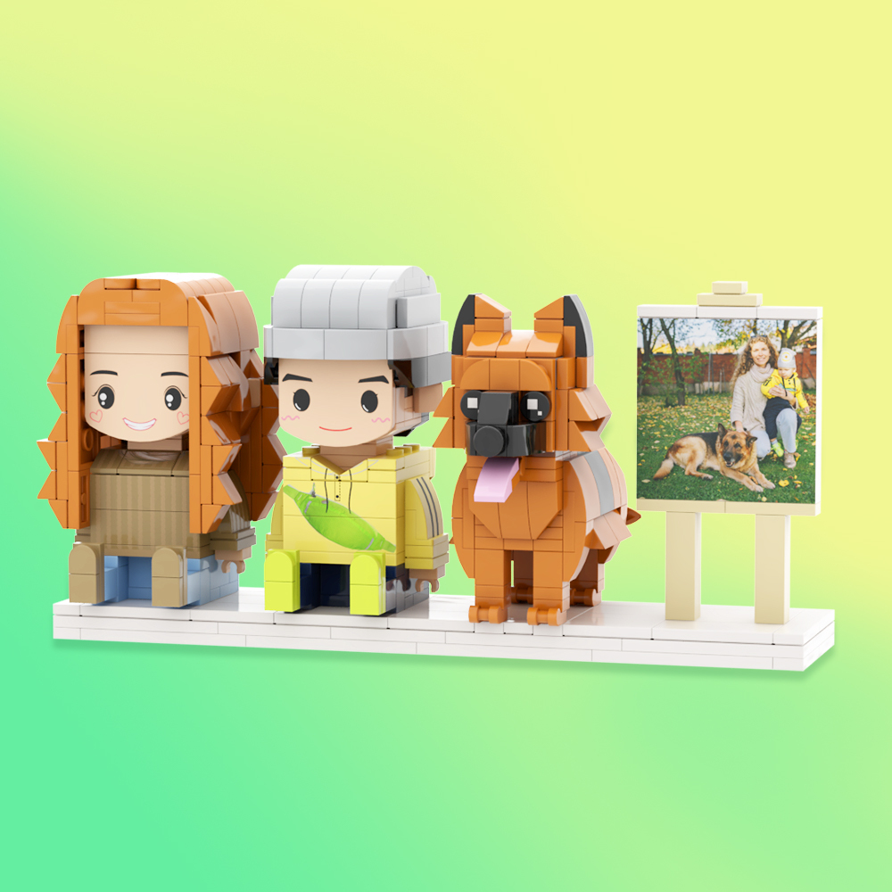 Figuras De Ladrillos Personalizadas De Cuerpo Completo De 2 Personas Con Gato. Figuras De Ladrillos Sentadas Personalizadas. - 