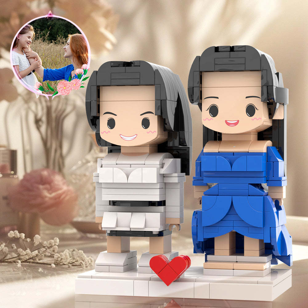 Regalo De Cuerpo Completo Personalizable Para Mamá Figuras De Ladrillos Azul Y Blanco Clásico Figuras De Ladrillos Personalizadas Para 2 Personas Para Mamá En El Día De La Madre - minebrickes