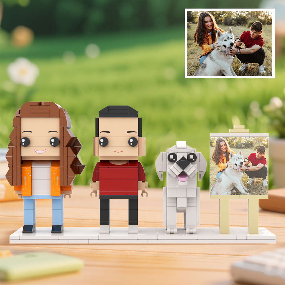 Cornice Per Foto Personalizzata A Figura Intera Con 2 Persone E Un Simpatico Cane, Figure In Mattoncini Carine E Regali Di Anniversario