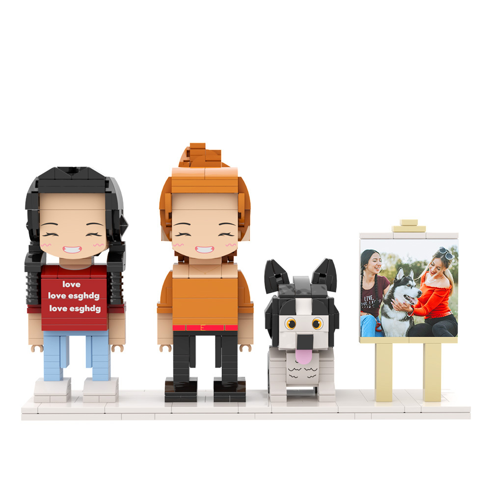 Figure In Mattoni Personalizzabili A Figura Intera Per 2 Persone, Figure In Mattoni Personalizzate Con Animale Domestico - 