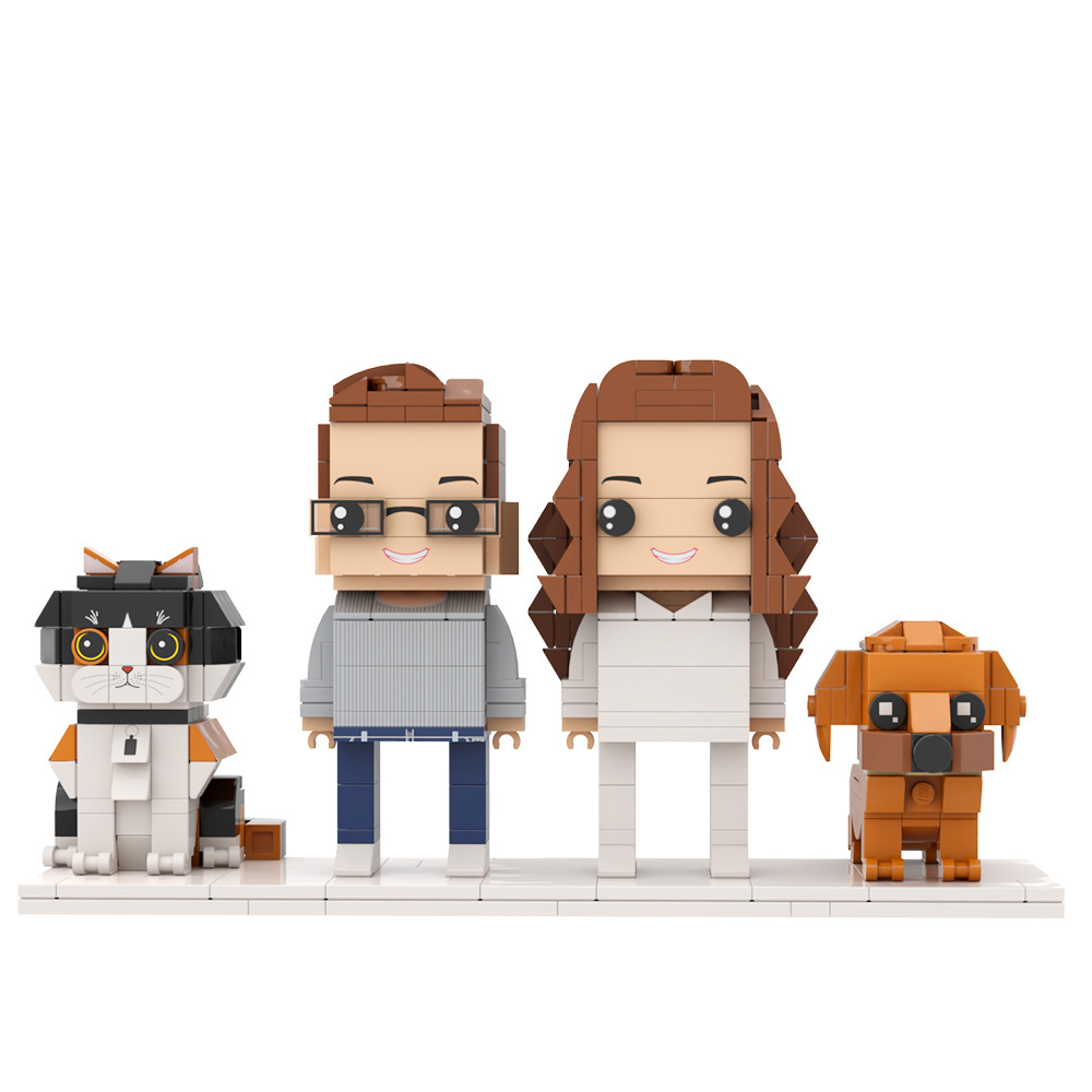 Personaggi In Mattoni A Figura Intera, 2 Persone E Un Gatto, Cane, Regalo Per La Famiglia Di Animali Domestici - 