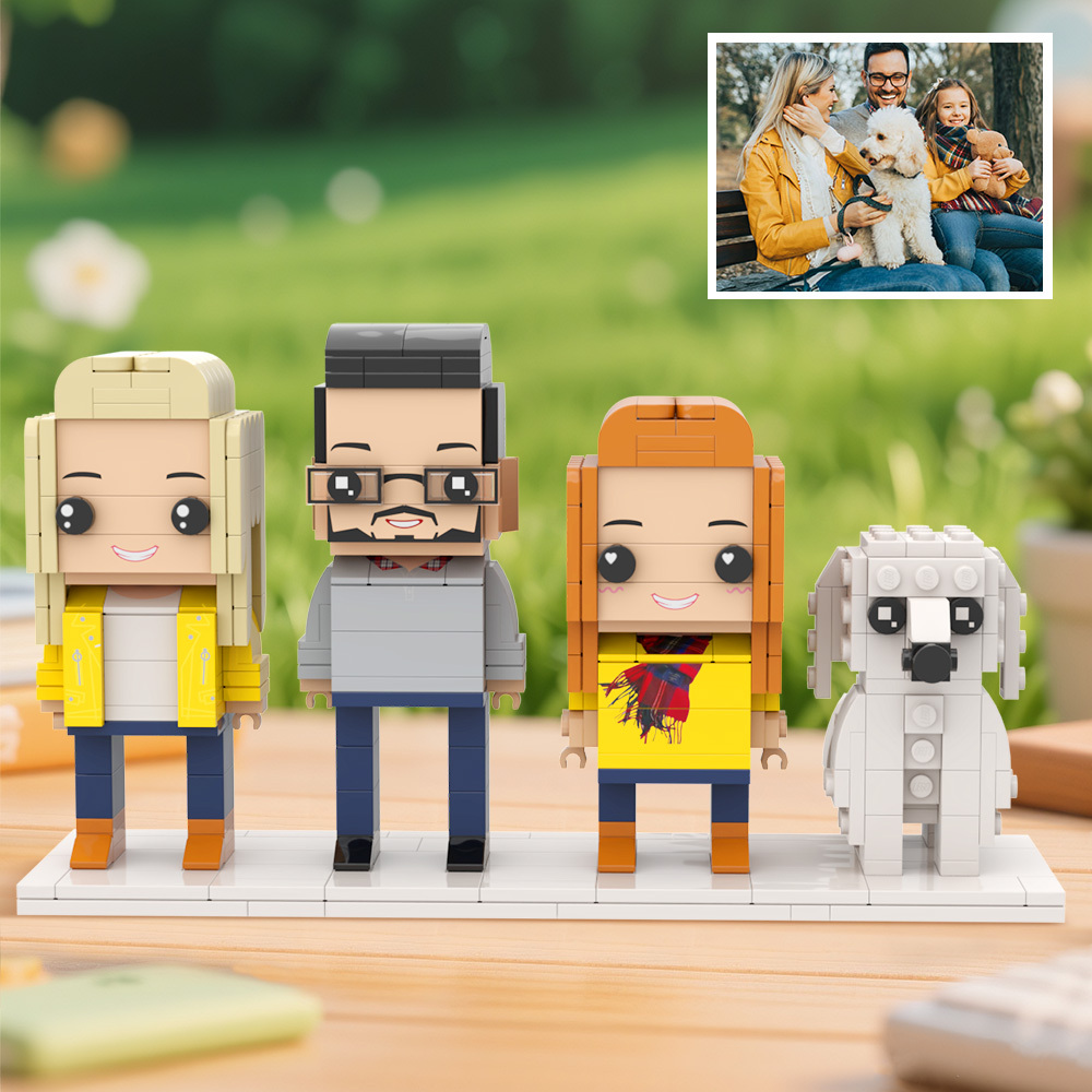 Figure Di Mattoni Personalizzate A Figura Intera Di 3 Persone E Cane, Regalo Perfetto Per La Famiglia Di Animali Domestici - 
