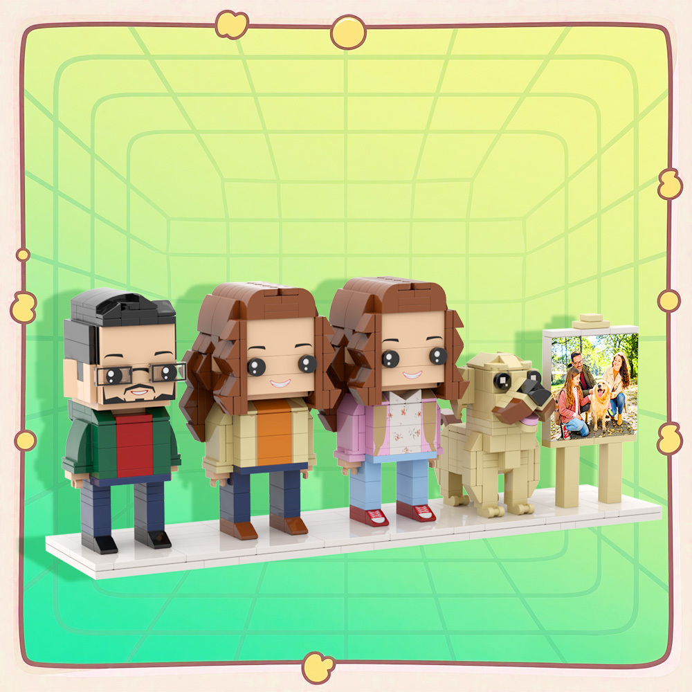 Cornice Per Foto Personalizzata Con 3 Persone E Cane, Figure In Mattoni Personalizzate - 