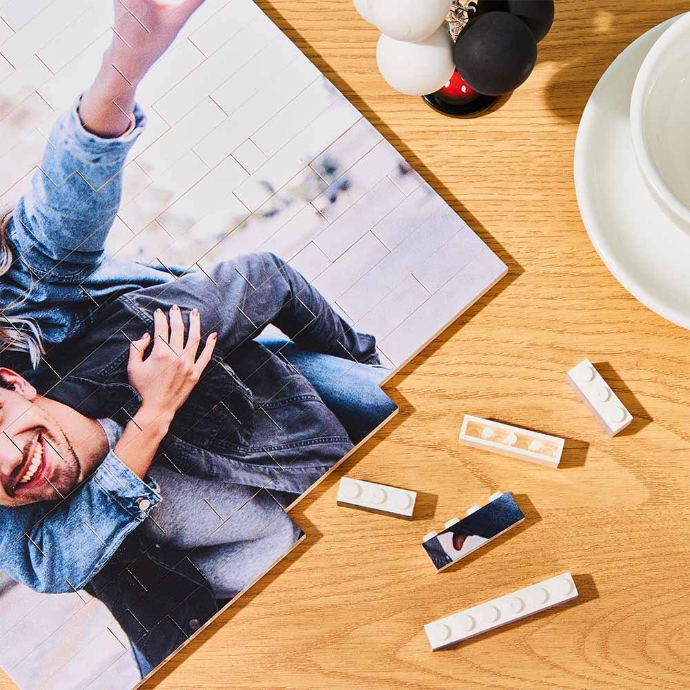 Blocco fotografico quadrato in mattoni da costruzione personalizzato Codice musicale Cornice di testo personalizzata 