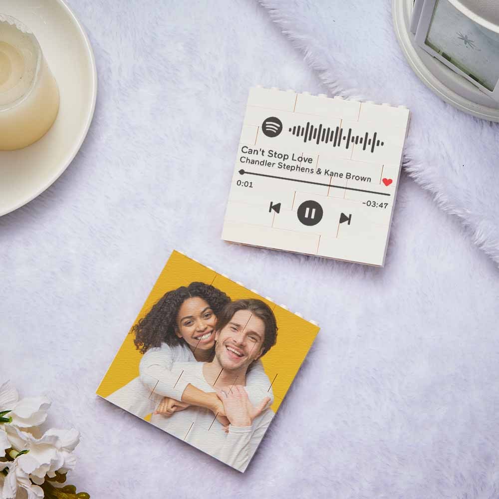 Blocco fotografico quadrato in mattoni da costruzione personalizzato Codice musicale Cornice di testo personalizzata 