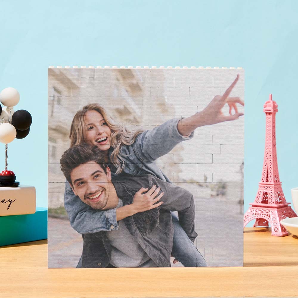 Blocco fotografico quadrato in mattoni da costruzione personalizzato Codice musicale Cornice di testo personalizzata 