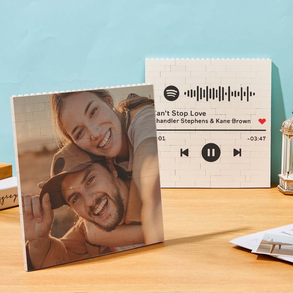 Blocco fotografico quadrato in mattoni da costruzione personalizzato Codice musicale Cornice di testo personalizzata 