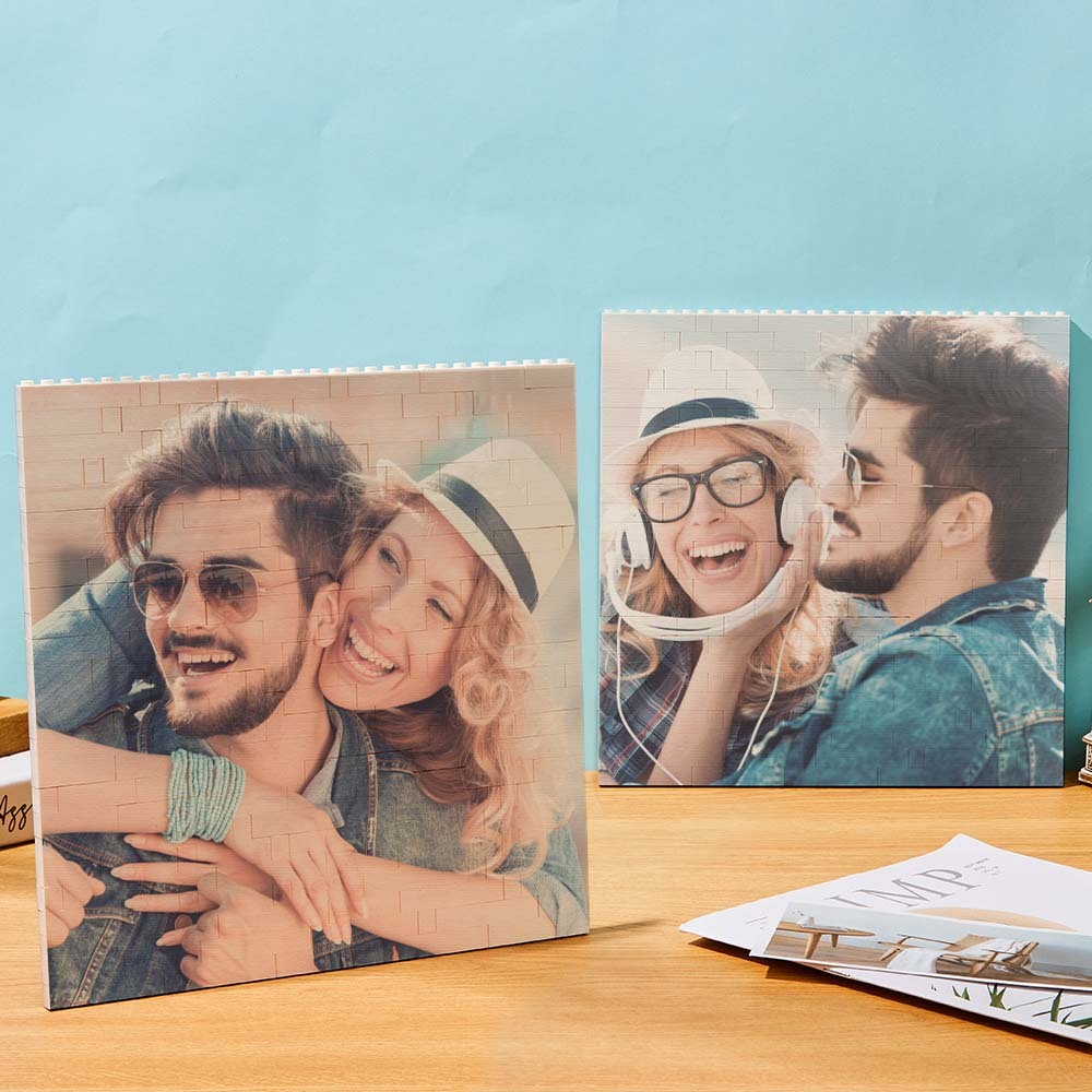 Blocco fotografico quadrato in mattoni da costruzione personalizzato Codice musicale Cornice di testo personalizzata 