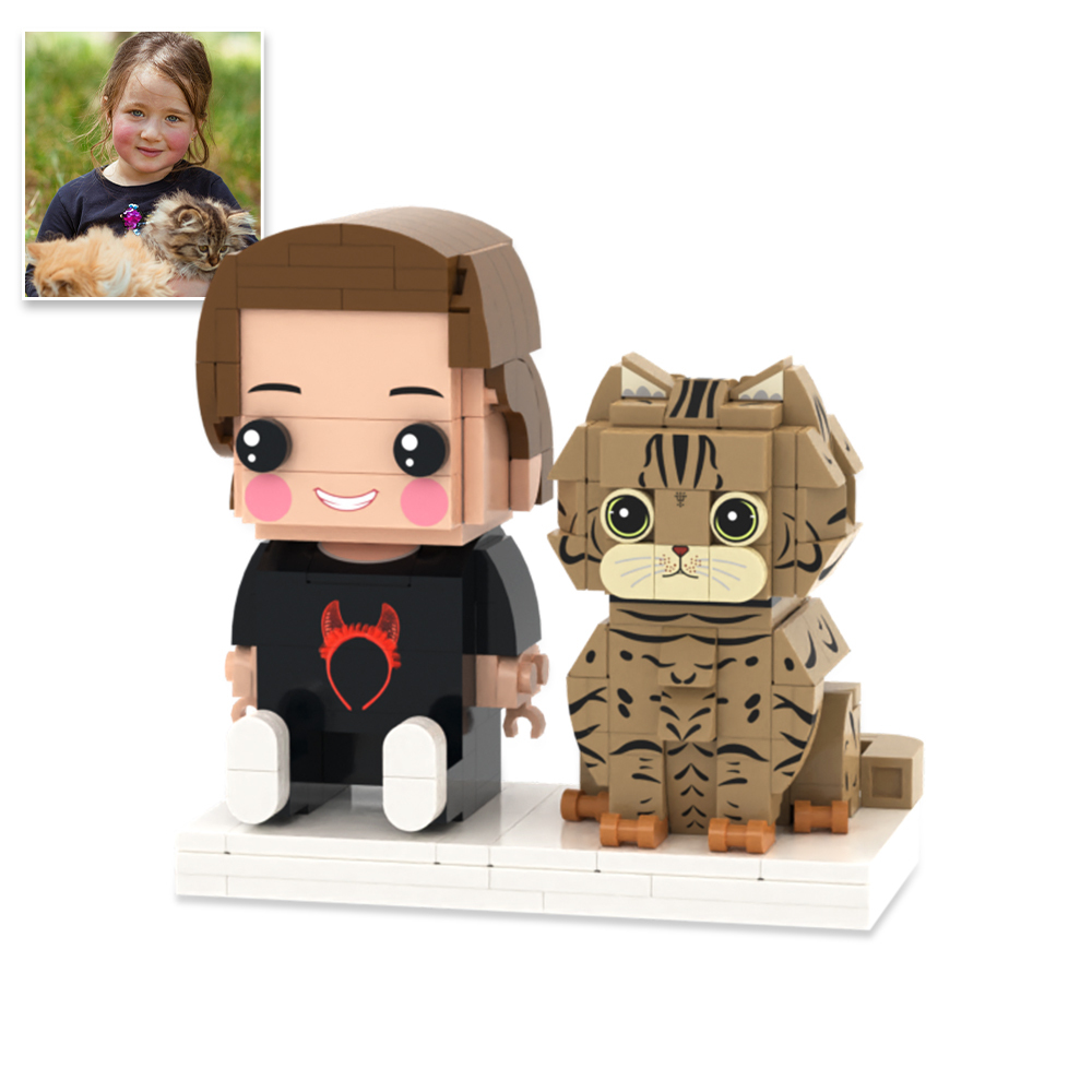 Figure Di Mattoni Personalizzate A Figura Intera Con Gatto, 2 Persone, Figure Di Mattoni Personalizzate Sedute - 