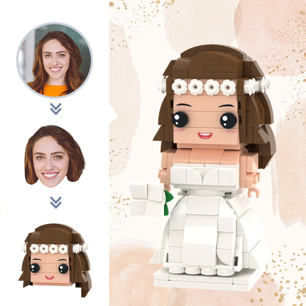 Regali di nozze Abito da sposa con ghirlanda bianca Figure in mattoni Figure in mattoni con testa personalizzata Giocattolo con blocchi di piccole particelle 