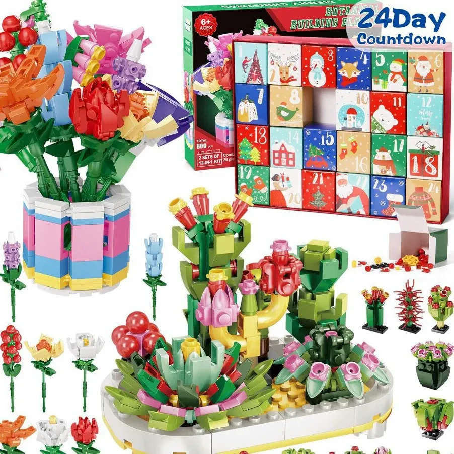 Calendario Dell'avvento Con Bouquet Di Fiori Di Natale Per 24 Giorni, Mattoncini Natalizi, Conto Alla Rovescia, Scatola Cieca - 