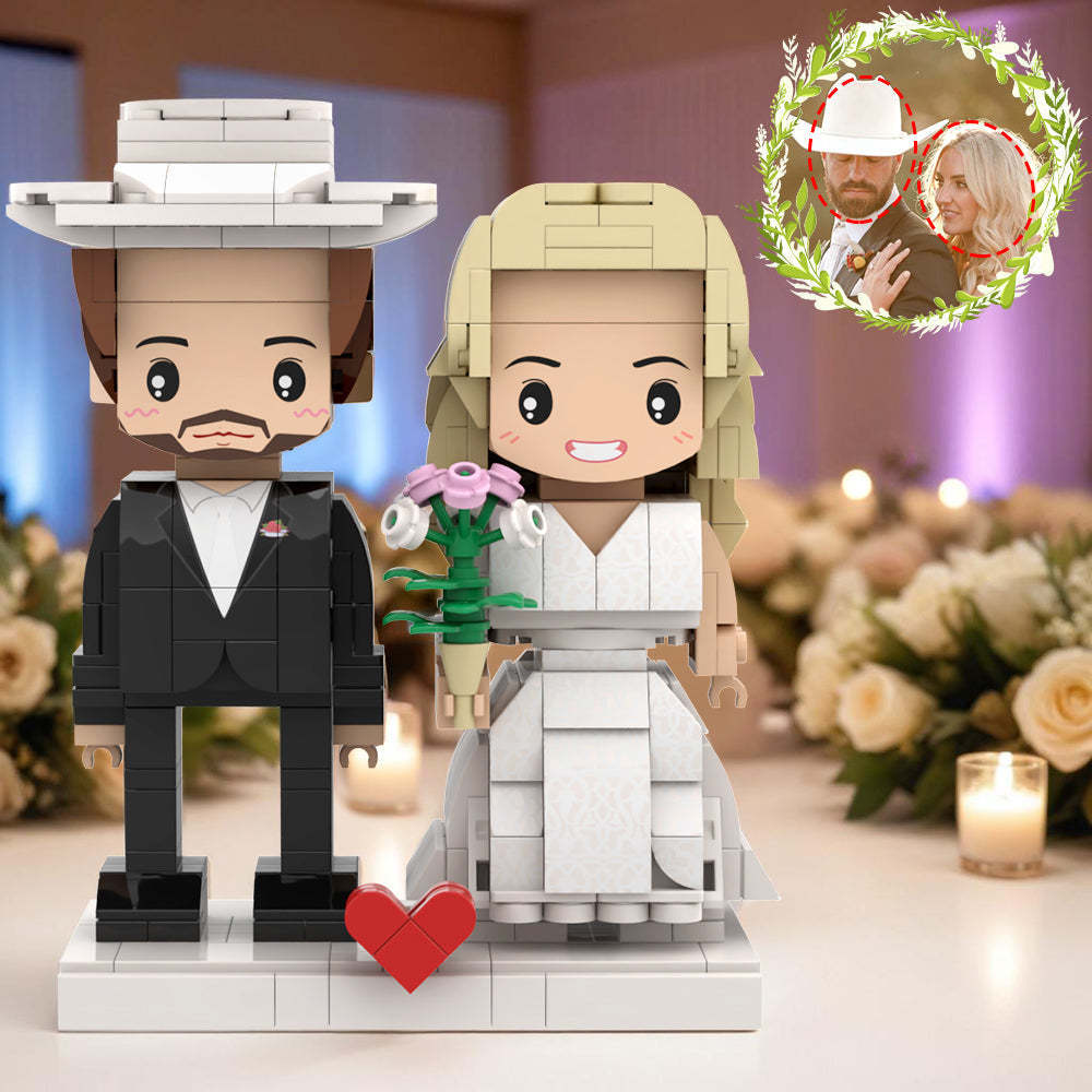 Abito Stile Cowboy Occidentale E Abito Da Sposa Bianco Personalizzabile Testa Rotonda Figure In Mattoni Personalizzati Per Coppia Sposata In Occasione Dell'anniversario Di Matrimonio - minebrickit