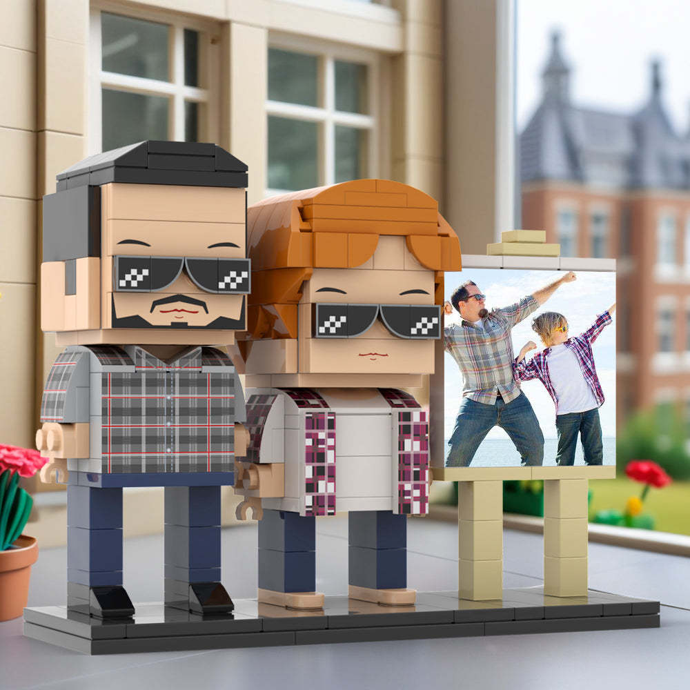 Corps Complet Personnalisable 2 Personnes Papa Et Son Fils Ont Une Pose Vers Le Soleil Cadre Photo Personnalisé Figurines En Brique Personnalisées Petit Bloc De Particules Jouet Personnalisé Pour La Fête Des Pères - minebrickfr