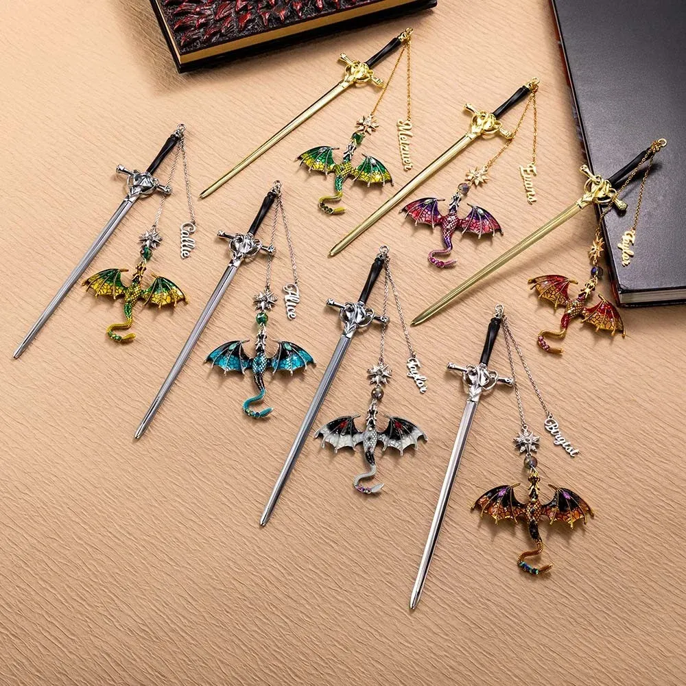 Marque-page Personnalisé En Forme D'épée De Dragon – Breloque En Métal Avec Nom Personnalisé, Motif Dragon Ailé Fantastique, Cadeau Pour Les Amoureux Des Livres - 