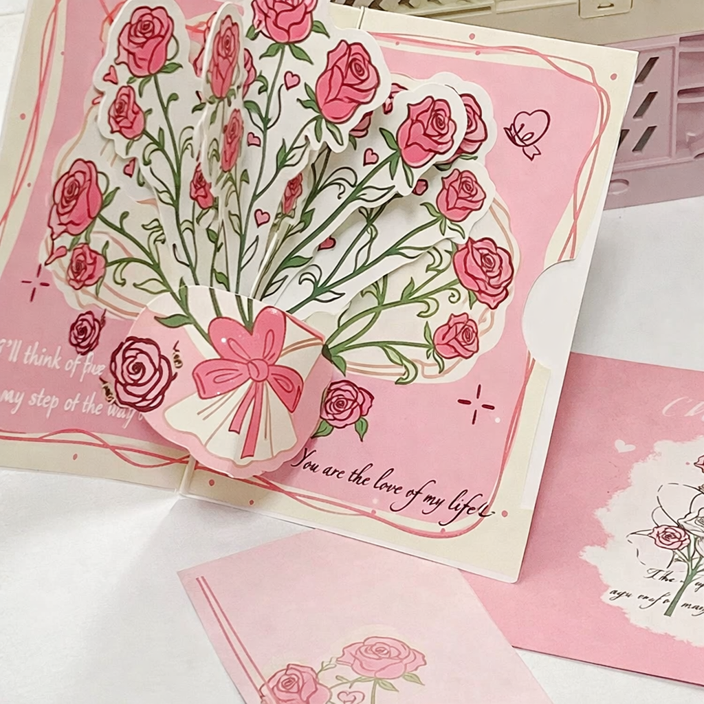 Red - 3D Rose Greeting Card Creative Card - 