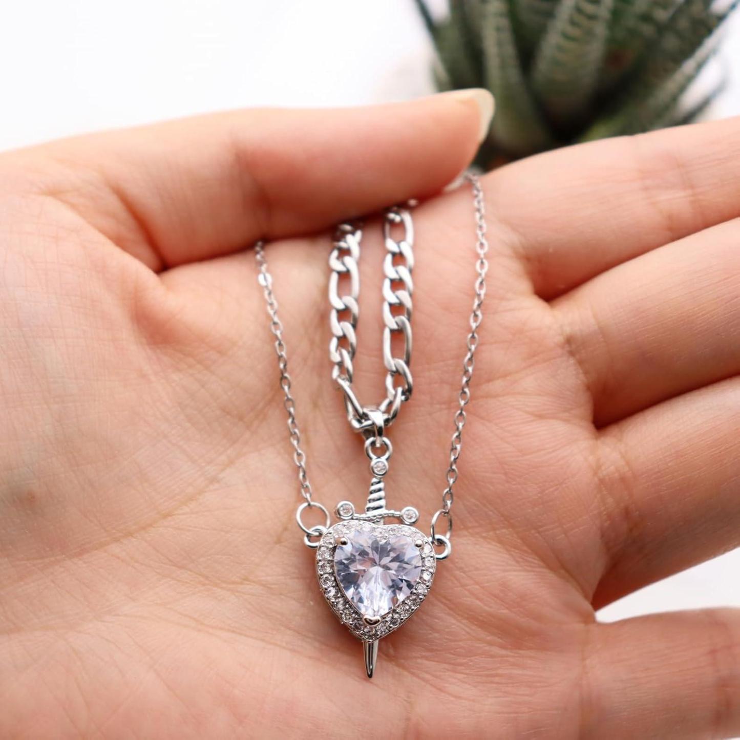 Collier Épée Et Cœur Pour Couples, En Acier Inoxydable, Chaîne Torsadée Effet Vague, Style Cubain, Ensemble Bijou Délicat Et Tendance Assorti. - 