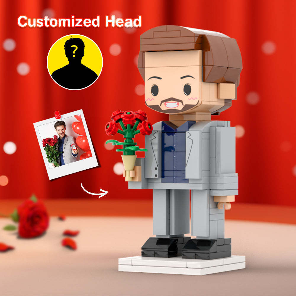 Garçon Tenant Rose Cadeau De Saint Valentin Tête PersonnaliséeJouets en Briques PersonnalisésJouets en Briques Personnalisés Personnalisées Petit Bloc De Particules