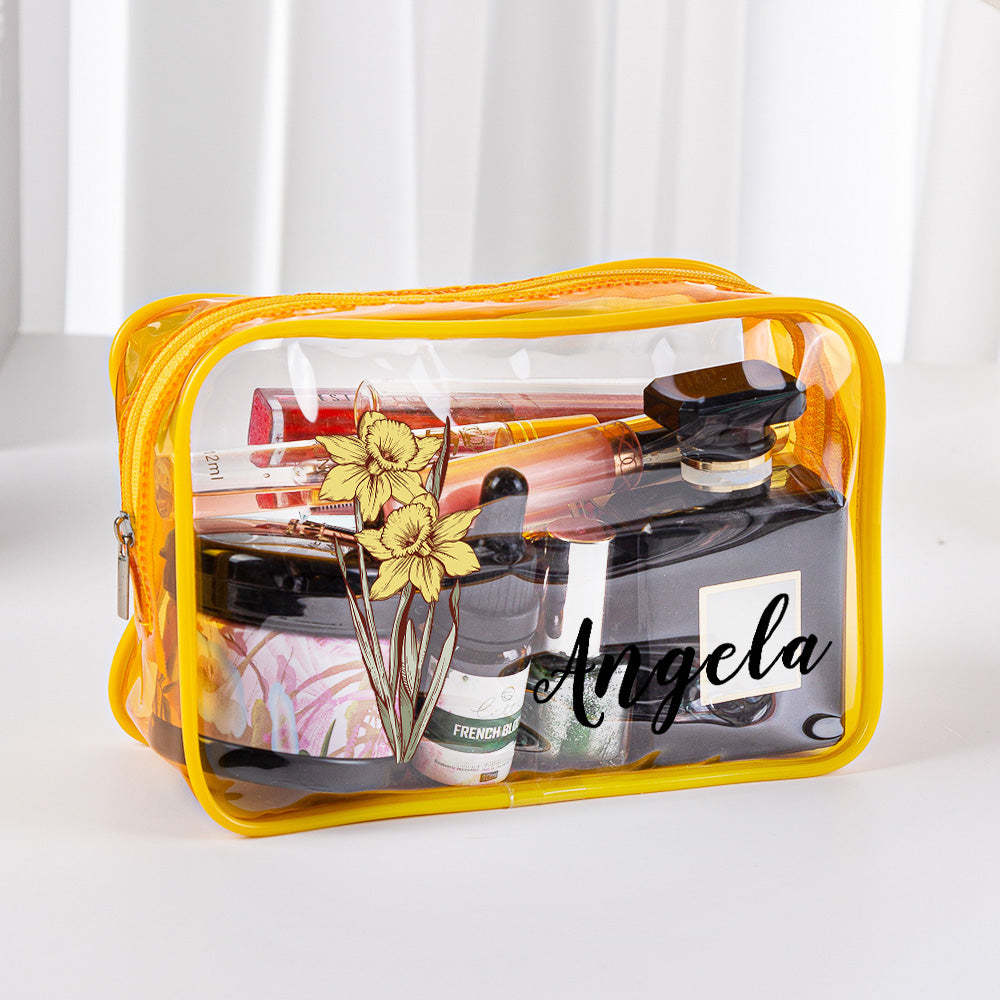 Trousse De Maquillage Transparente Et Imperméable Avec Fleur De Naissance Personnalisée, Cadeau De Voyage Pour Elle - 