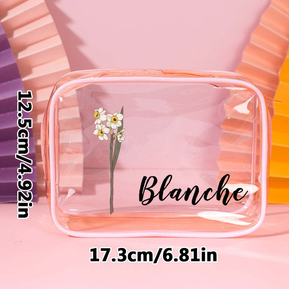 Trousse De Maquillage Transparente Et Imperméable Avec Fleur De Naissance Personnalisée, Cadeau De Voyage Pour Elle - 
