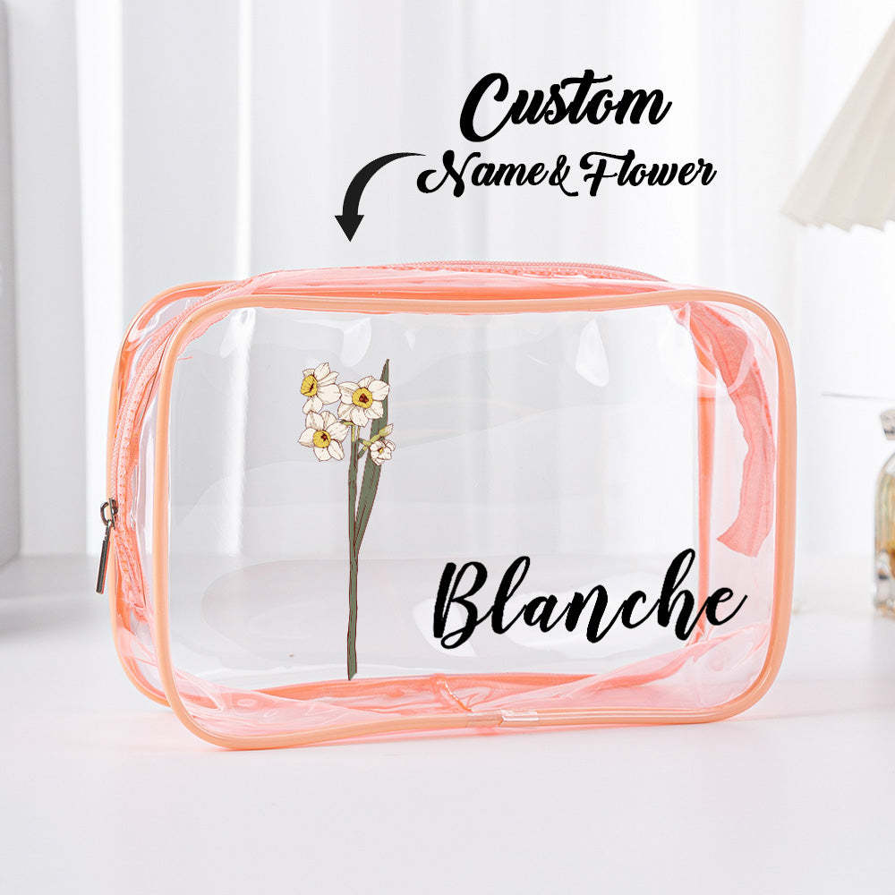 Trousse De Maquillage Transparente Et Imperméable Avec Fleur De Naissance Personnalisée, Cadeau De Voyage Pour Elle - 