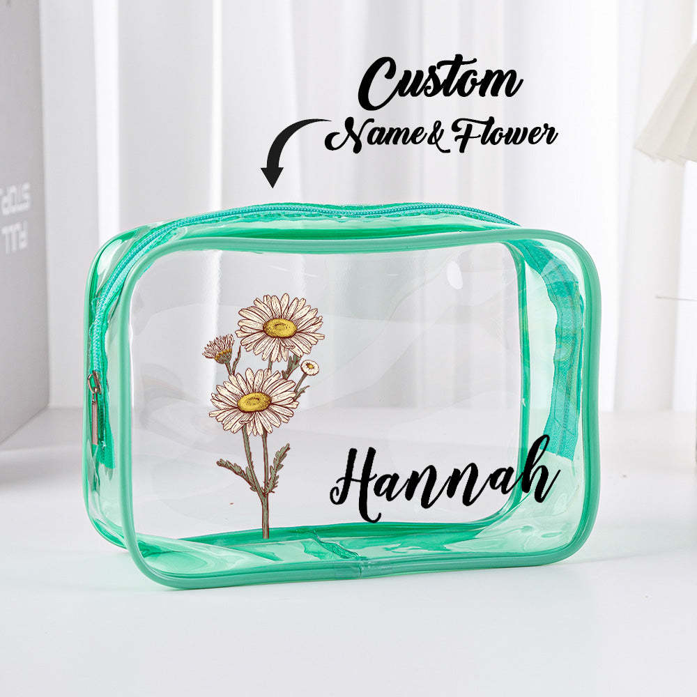Trousse De Maquillage Transparente Et Imperméable Avec Fleur De Naissance Personnalisée, Cadeau De Voyage Pour Elle - 