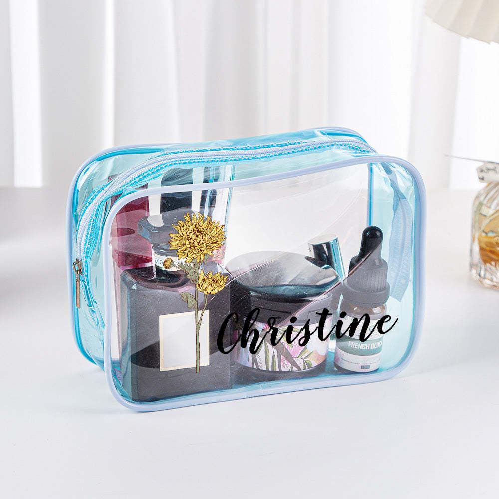 Trousse De Maquillage Transparente Et Imperméable Avec Fleur De Naissance Personnalisée, Cadeau De Voyage Pour Elle - 