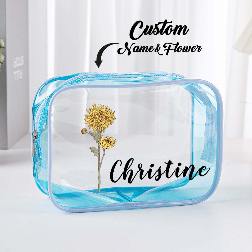 Trousse De Maquillage Transparente Et Imperméable Avec Fleur De Naissance Personnalisée, Cadeau De Voyage Pour Elle - 
