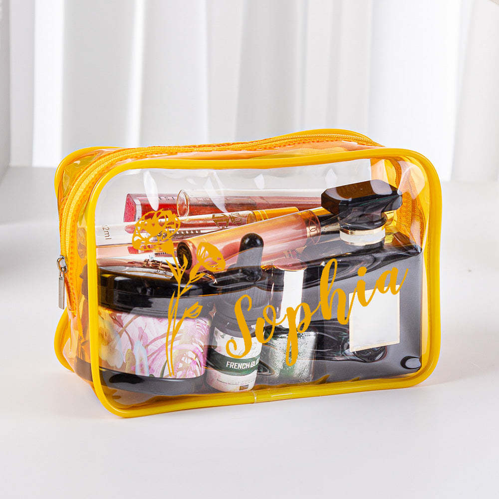 Trousse De Maquillage Transparente Personnalisée Avec Nom De Fleur De Naissance, Cadeau D'anniversaire, De Mariage Ou De Voyage Pour Elle - 