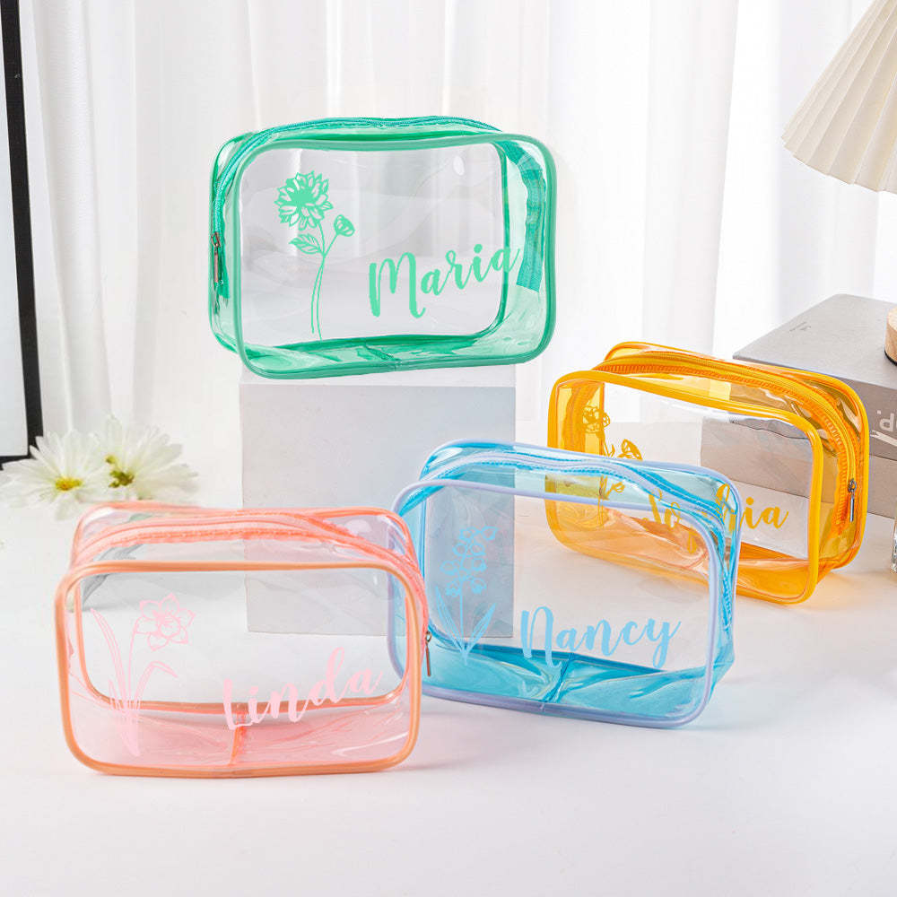 Trousse De Maquillage Transparente Personnalisée Avec Nom De Fleur De Naissance, Cadeau D'anniversaire, De Mariage Ou De Voyage Pour Elle - 