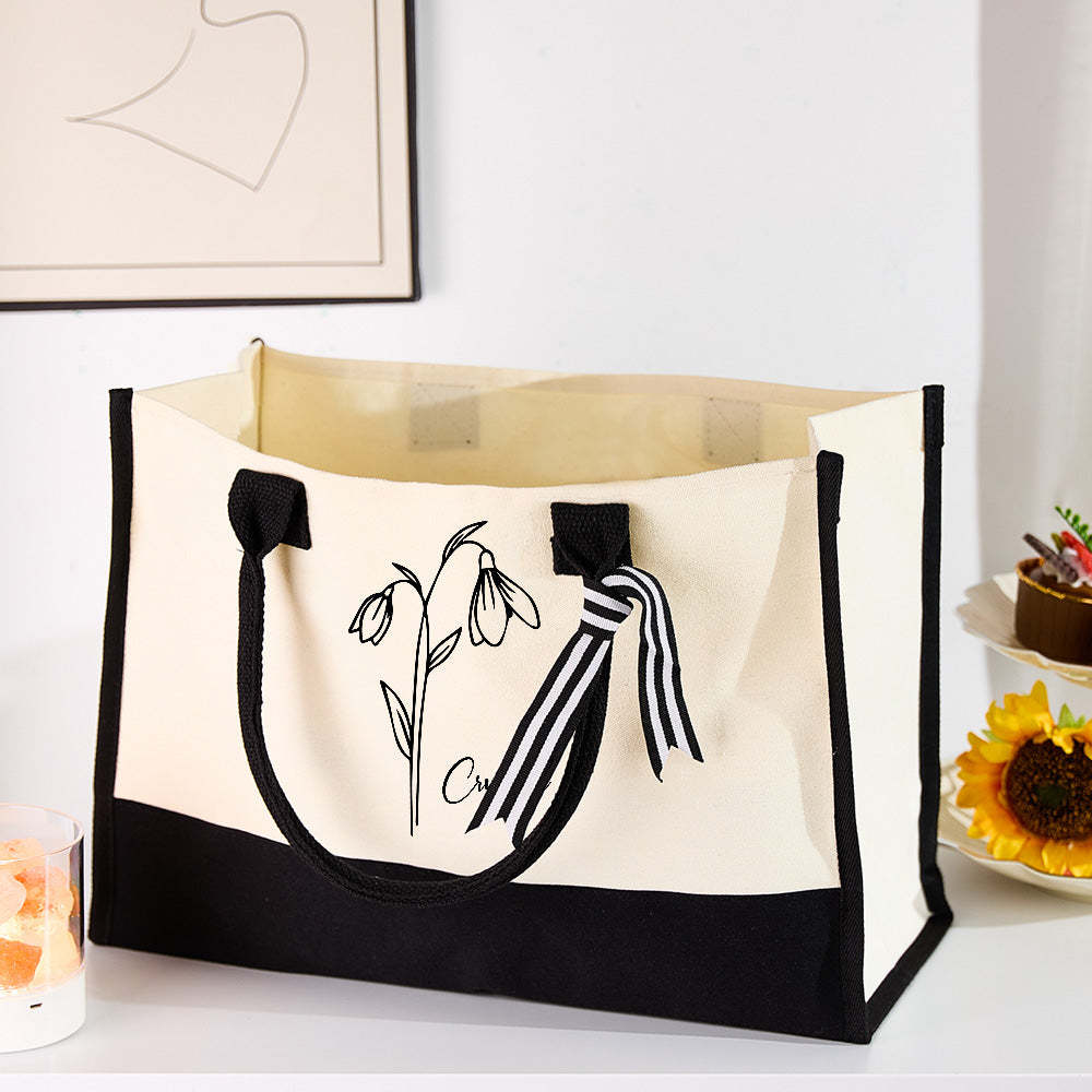 Sac Fourre-tout En Toile Personnalisé Avec Fleur De Naissance, Grande Capacité, Pour La Plage, Cadeau De Fête De Mariage Pour Filles - 