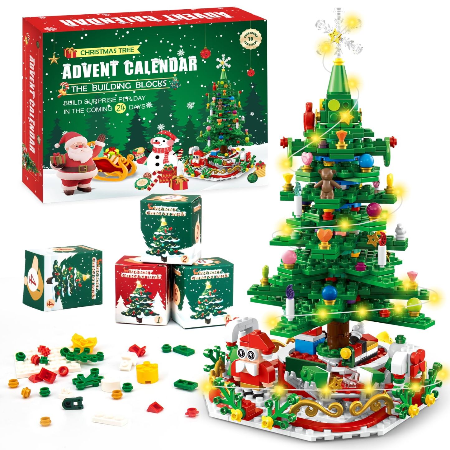 Calendrier De L'avent 2025 Pour Enfants, Jeu De Construction De Sapin De Noël Avec Lumières Led, Mini Blocs De Construction, Compte À Rebours De Noël 24 En 1, 701 Pièces, Cadeau De Noël Pour Garçons Et Filles Adultes. - 