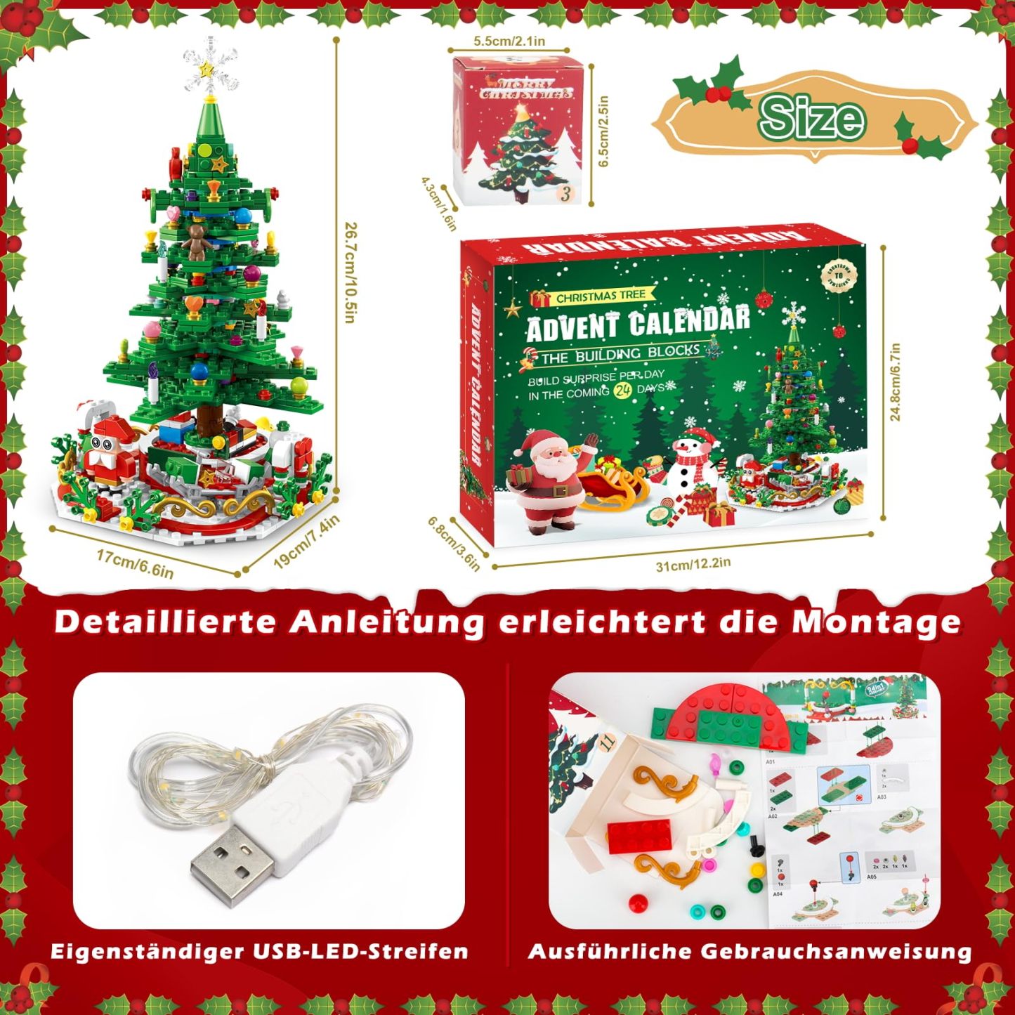 Calendrier De L'avent 2025 Pour Enfants, Jeu De Construction De Sapin De Noël Avec Lumières Led, Mini Blocs De Construction, Compte À Rebours De Noël 24 En 1, 701 Pièces, Cadeau De Noël Pour Garçons Et Filles Adultes. - 