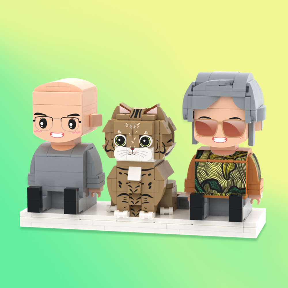Custom Full Body 2 People with Cat Brick Figures Personalized Sitting Brick Figures - 