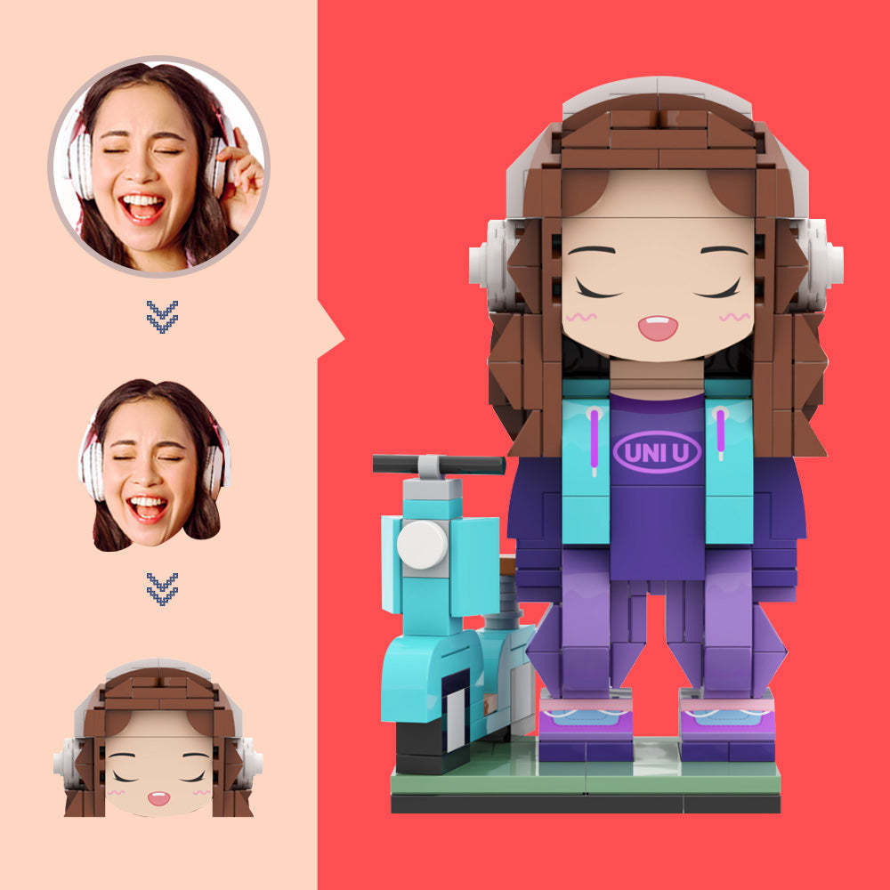 Figurine en brique personnalisée avec véhicules électriques, figurines de tête personnalisées, jouet en bloc de petites particules, cadeaux d'art en brique personnalisables