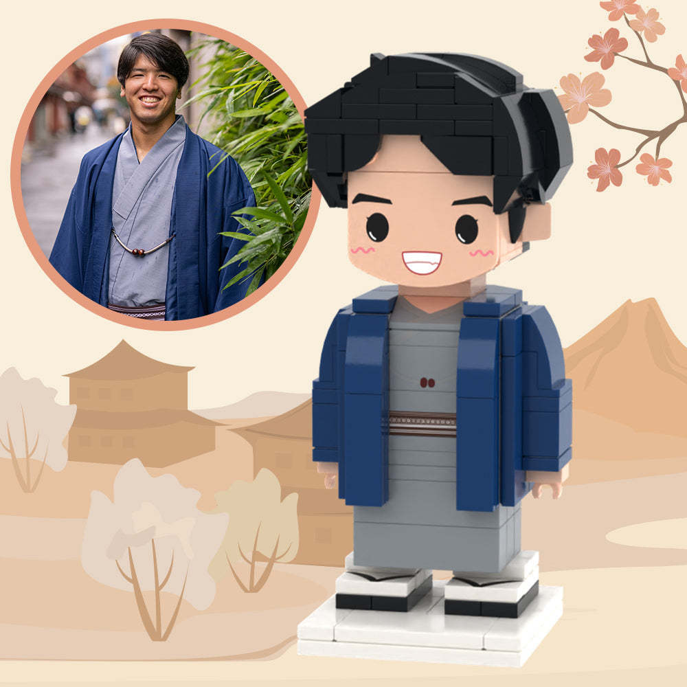 Figurines En Brique Personnalisées, Corps Complet Personnalisable, Homme Japonais, 1 Personne, Petit Bloc De Particules, Jouet, Figurines Me En Kimono Bleu - minebrickfr