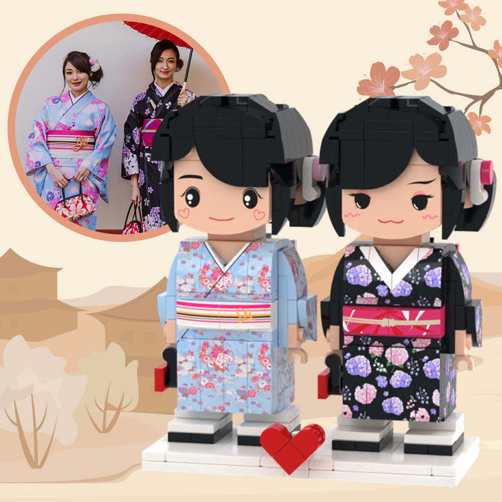 Personnalisable Entièrement Corps 2 PersonnesJouets en Briques Personnalisés Personnalisées Kimono Bleu Et Noir Pour Sœur