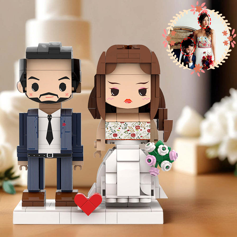 Belle Robe De Mariée À Fleurs Et Costume À Fines Rayures Bleues, Tête Ronde Personnalisable Pour Mari Et Femme Pour Anniversaire De Mariage - minebrickfr