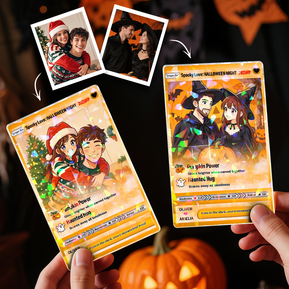 Carte De Jeu Halloween Et Noël Personnalisée Carte À Collectionner De Dessin Animé Personnalisée Avec Photo Et Nom, Cadeau De Vacances Unique Pour Amoureux - 