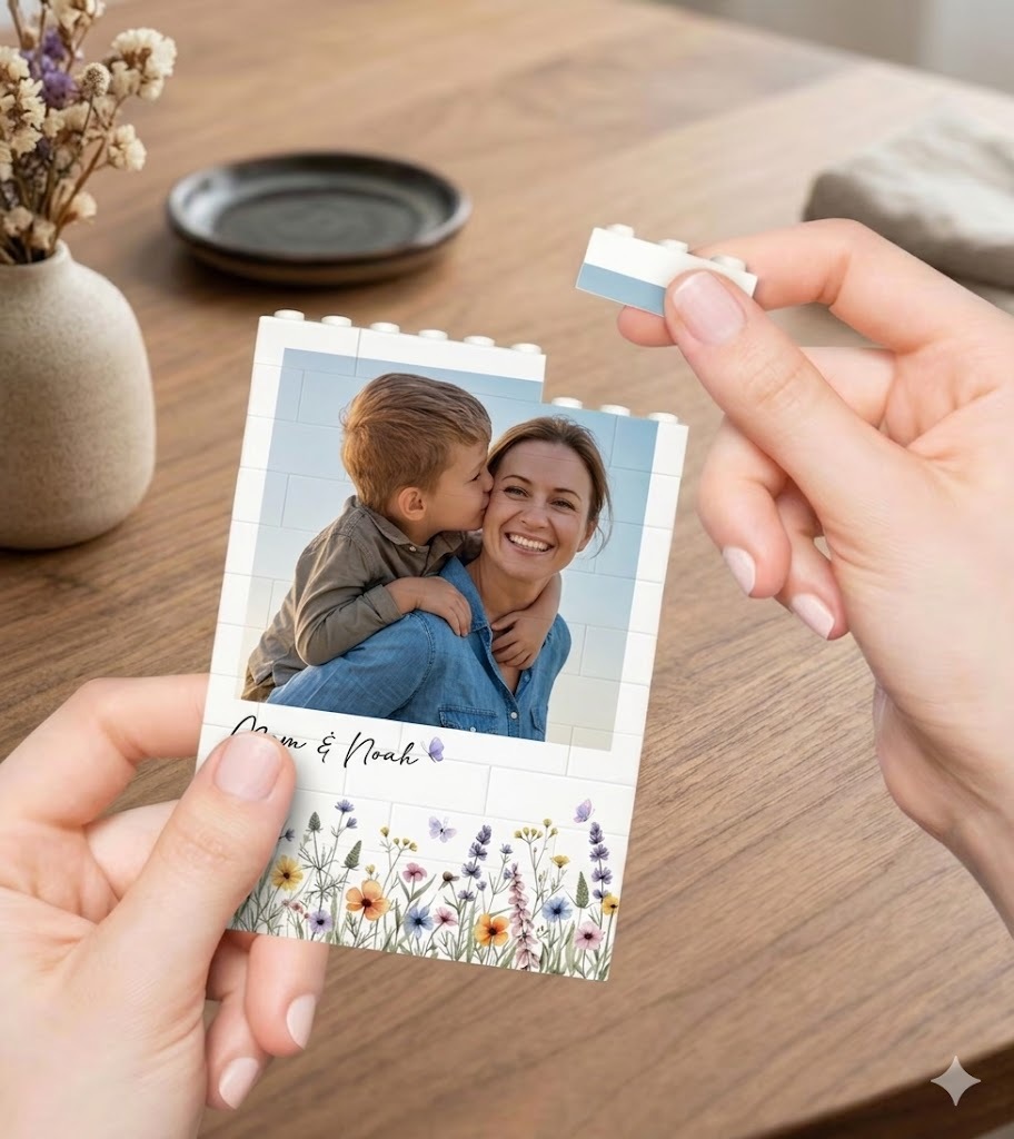 Puzzle De Briques Photo Personnalisé Avec Fleurs Sauvages, Blocs De Construction Personnalisés Avec Nom Et Illustration Florale, Cadeau Pour La Fête Des Mères Pour Maman Et Grand-mère, Cadre Photo De Bureau Unique En Briques - 