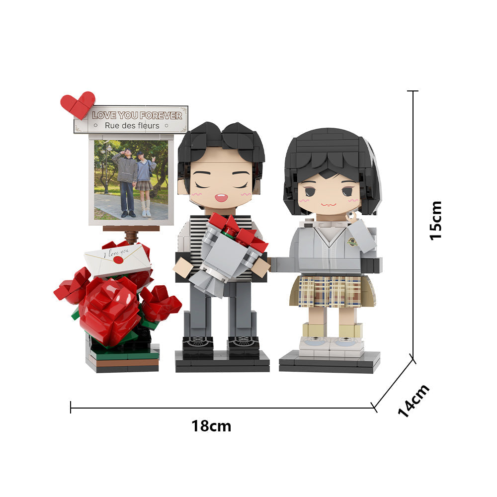 七夕節驚喜禮物 浪漫玫瑰雙人積木公仔 定制雙人積木公仔 情侶定制積木擺件