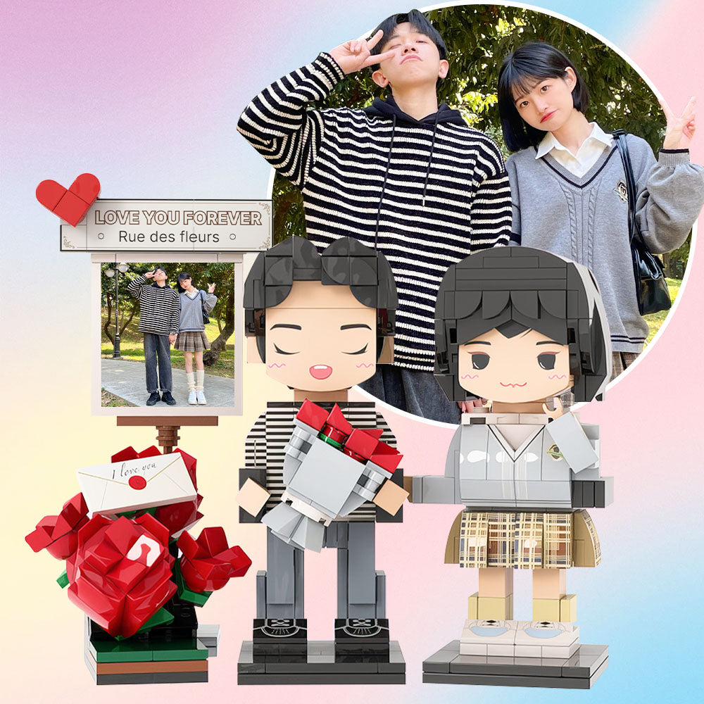 七夕節驚喜禮物 浪漫玫瑰雙人積木公仔 定制雙人積木公仔 情侶定制積木擺件