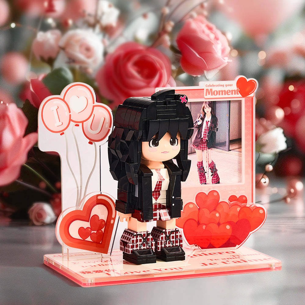 diy照片定製驚喜禮物 單人嘟嘟仔愛心場景款定製 節日禮物積木人擺件