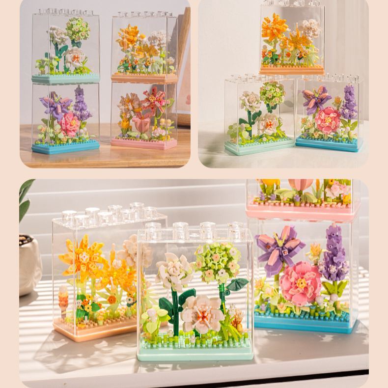 迷你花朵積木,帶透明展示盒 | Diy 花卉裝飾,適合家居和節日禮物 - 