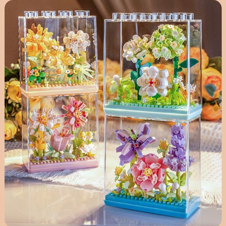 迷你花朵積木,帶透明展示盒 | Diy 花卉裝飾,適合家居和節日禮物 - 