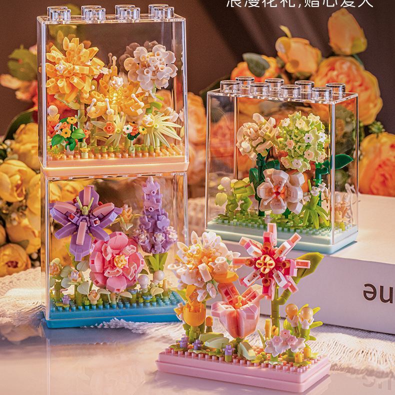 迷你花朵積木,帶透明展示盒 | Diy 花卉裝飾,適合家居和節日禮物 - 