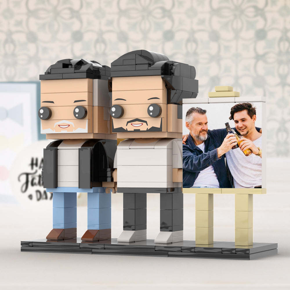 Anpassbarer Ganzkörper Für 2 Personen, Ausgewachsener Sohn, Der Mit Seinem Vater Ein Bier Trinkt, Mann-fotorahmen, Personalisierte, Individuelle Ziegelfiguren, Kleines Partikel-blockspielzeug, Personalisiert Für Den Vatertag - minebrickde