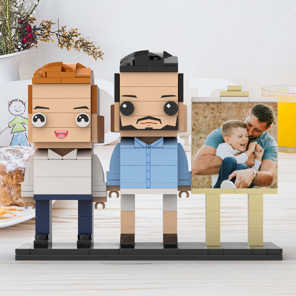 Anpassbarer Ganzkörper-fotorahmen Für 2 Personen, Vater Umarmt Seinen Sohn, Kleiner Junge, Personalisierte Ziegelfiguren, Kleines Partikelblock-spielzeug, Personalisierbar Für Den Vatertag - minebrickde